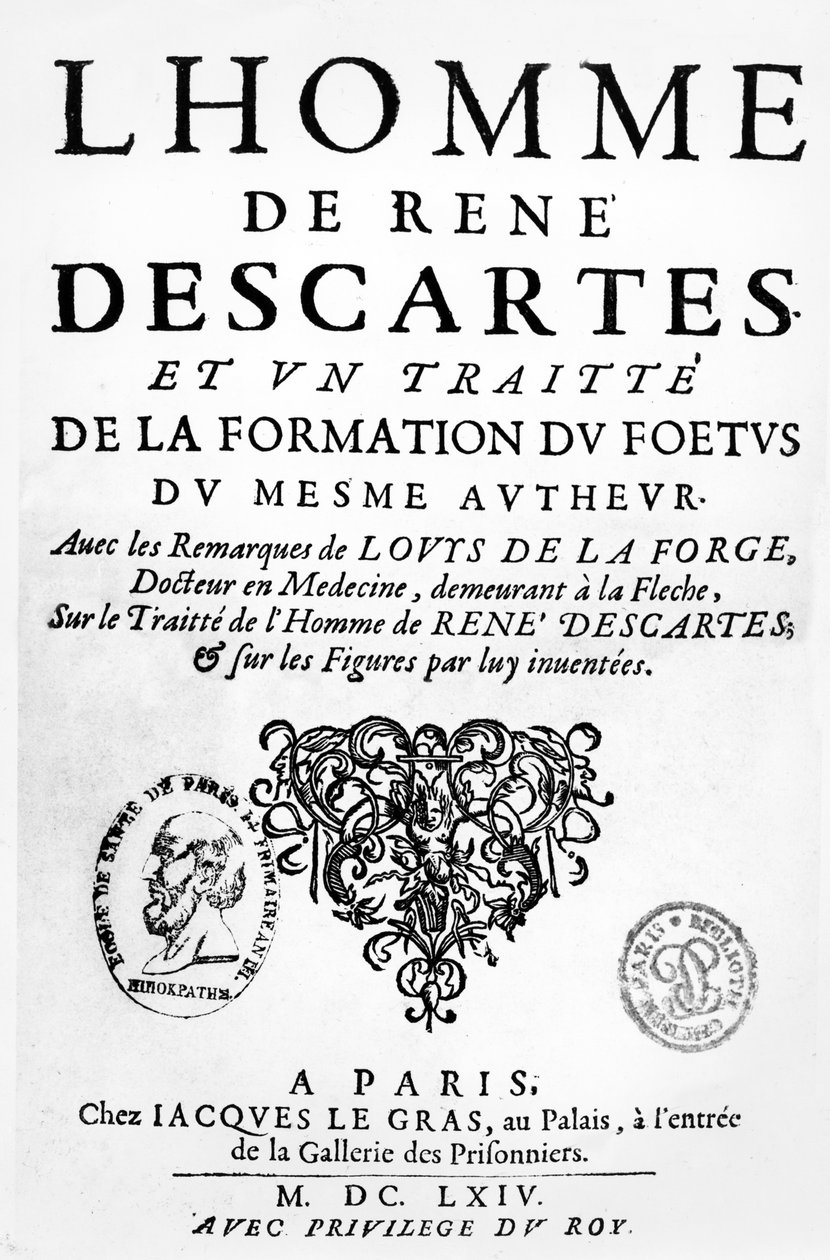 Frontispice af Descartes-afhandling om mennesket og om dannelsen af fosteret, udgivet i Paris, 1674 af French School