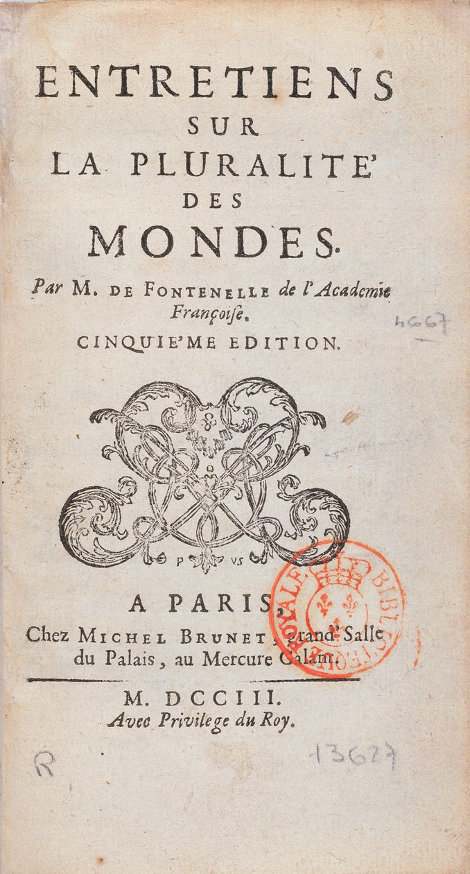 Frontispice of Interviews on the Pluralite of Worlds, skrevet af Bernard Le Bovier de Fontenelle (1657-1757), udgivet i 1773 af French School
