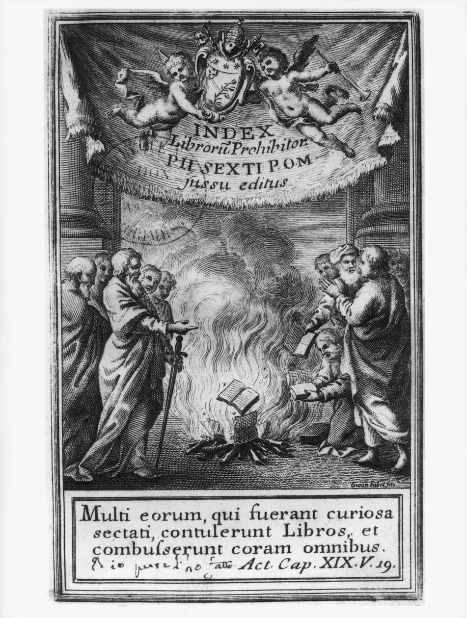 Frontispice af Index of Books, der viser en auto da fe, 1786 af French School