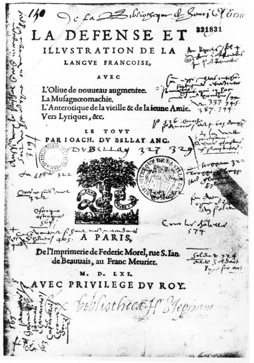 Frontispice af La Defense et Illustration de la Langue Francaise af Joachim du Bellay, trykt af Federic Morel i Paris i 1561 (trykt papir med pen og blæk) af French School