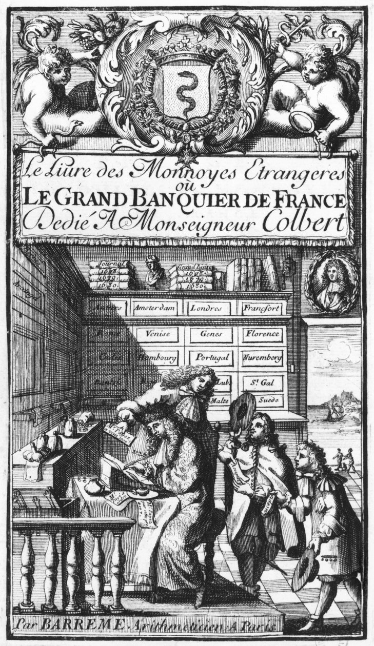 Frontispice af Le Grand Banquier de France ou Le Livre des Monnaies Etrangeres af Bertrand Francois Barreme (1640-1703) slutningen af ​​det 17. århundrede af French School