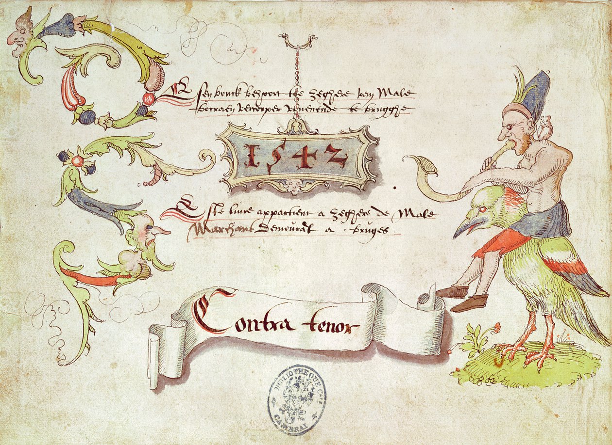 Frontispice af Recueil de chants religieux et profanes II forestillende en mand, der spiller på et buet blæseinstrument, rider på en fugl, kontratenorstemme, 1542 af French School