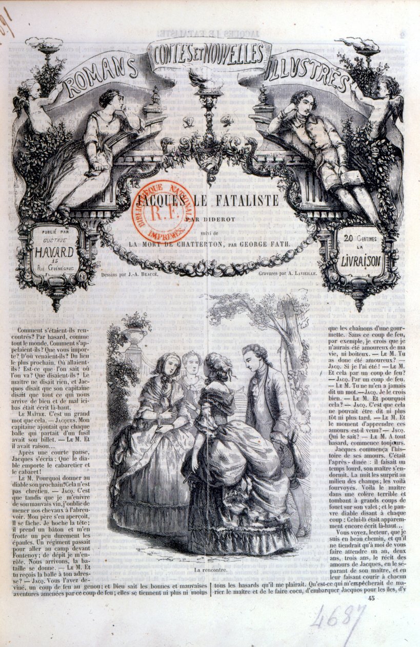 Frontispice af en samling af romaner og historier med Jacques le Fataliste af Diderot, udgivet i Paris i 1849 af French School
