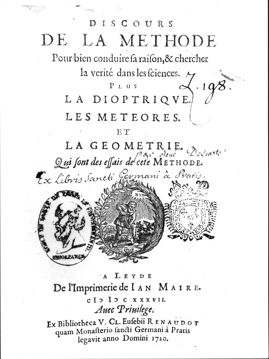 Frontispice af Discours de la Methode efterfulgt af La Dioptrique, Les Meteores et La Geometrie af Rene Descartes (1596-1650), først udgivet i Leiden i 1637 af French School