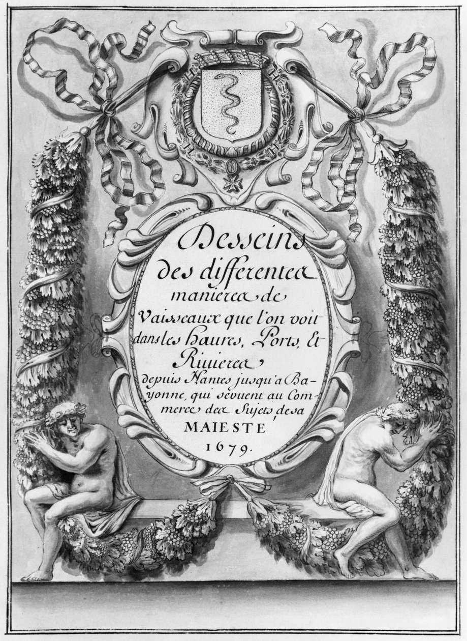 Frontispice til design af de forskellige manerer af fartøjer ... fra Nantes til Bayonne ..., 1679 af French School