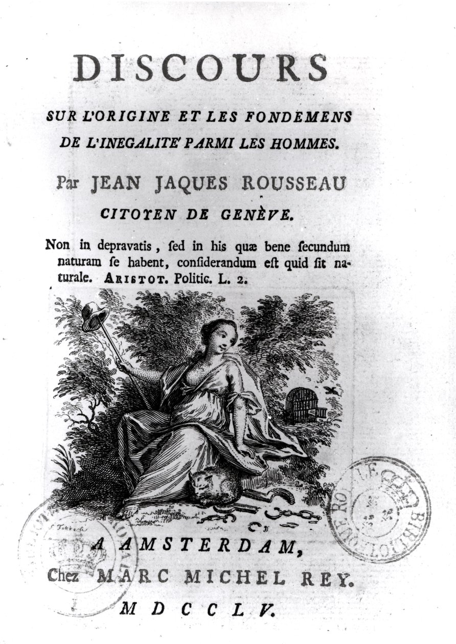 Frontispice til diskurs om oprindelsen og grundlaget for ulighed blandt mænd af Jean-Jacques Rousseau (1712-78) ca. 1755 af French School