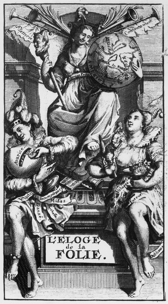 Frontispice til In Praise of Folly af Desiderius Erasmus af French School