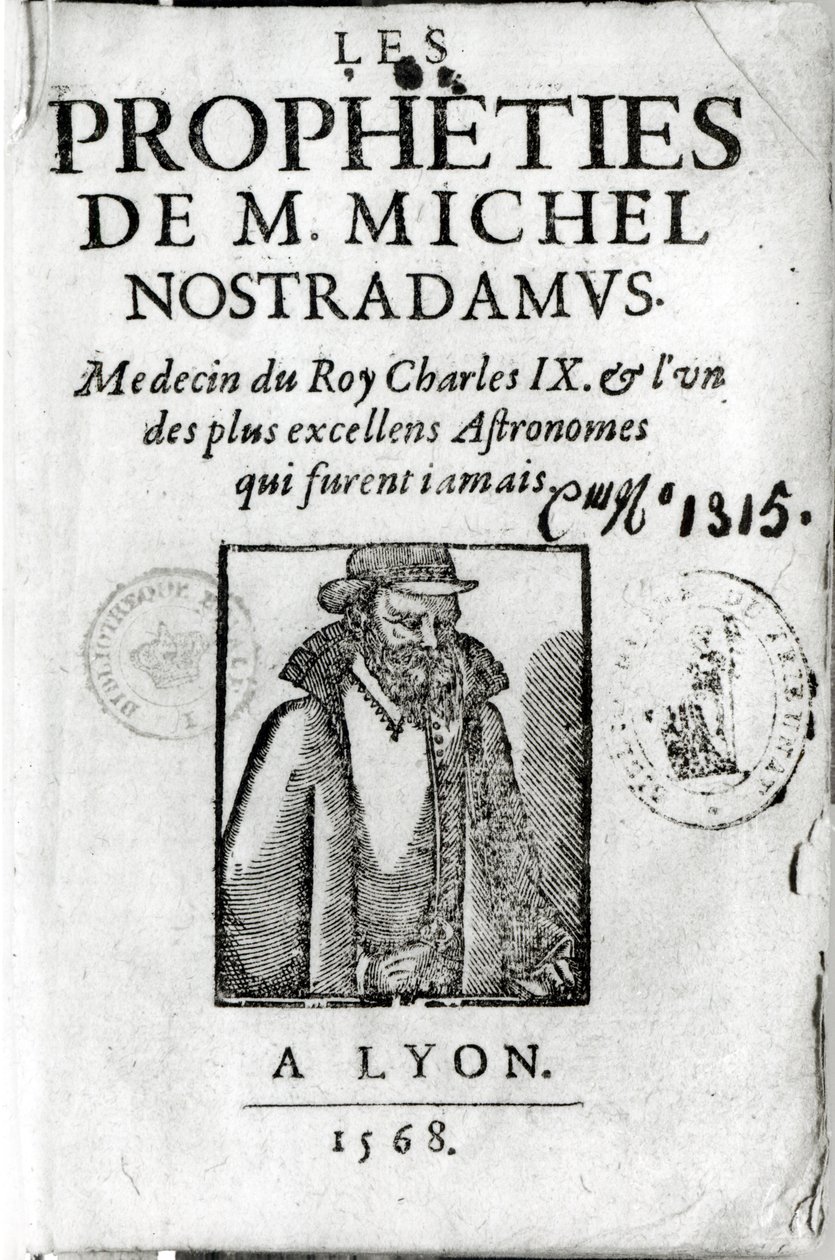 Frontispice til Les Propheties de M. Michel de Nostradamus (1503-66), med et portræt af Nostradamus, udgivet i Lyon 1568 af French School