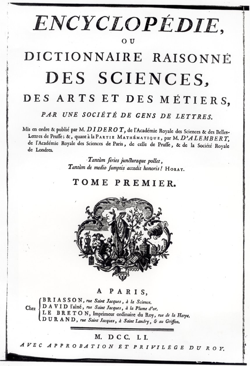 Frontispice til The Encyclopedia of Science, Art and Engineering af Denis Diderot (1713-84) udgivet i Paris, 1751 af French School