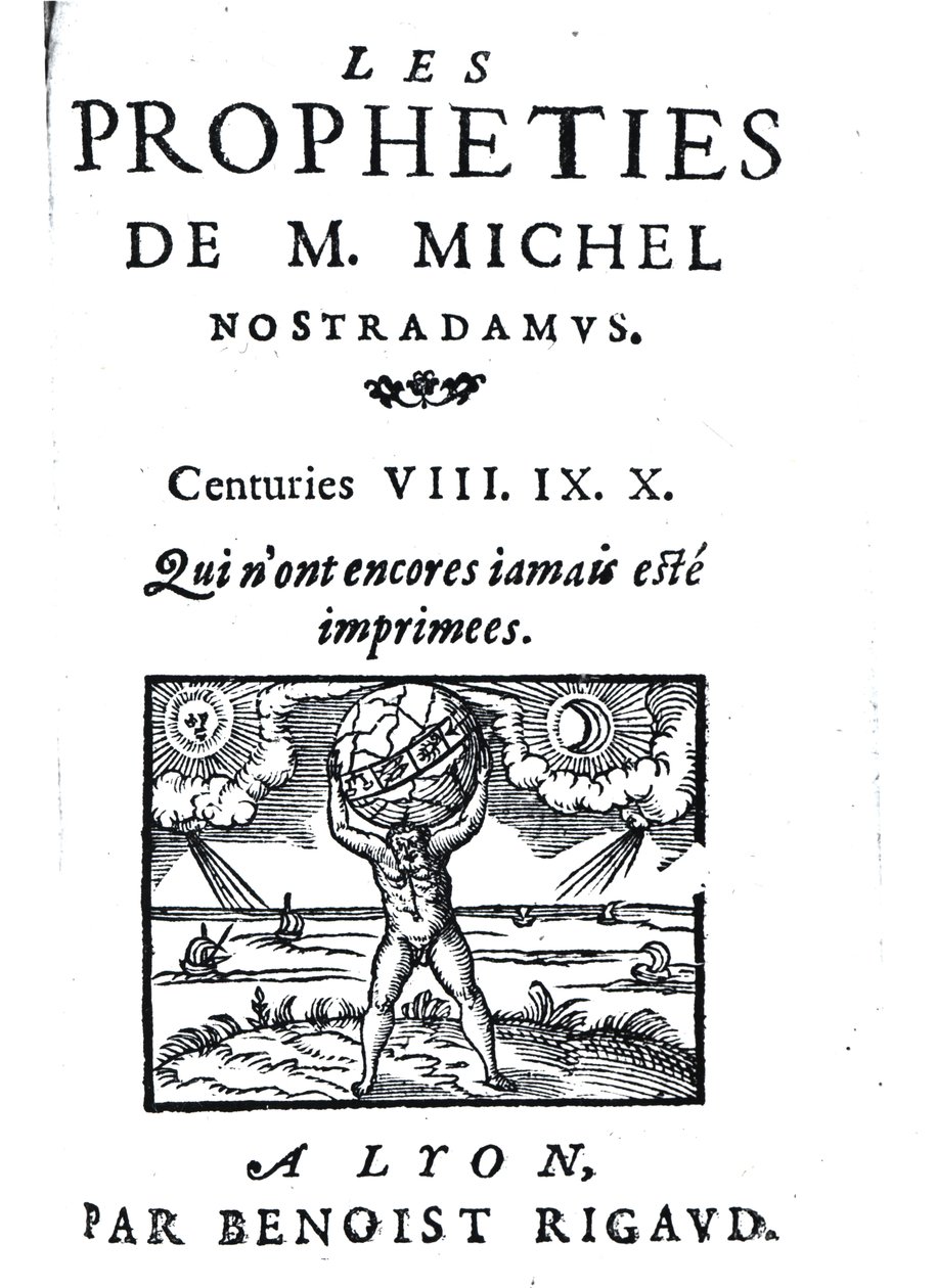 Frontispice til The Prophecies of M. Michel Nostradamus, pub. af Benoist Rigaud, 1568 af French School