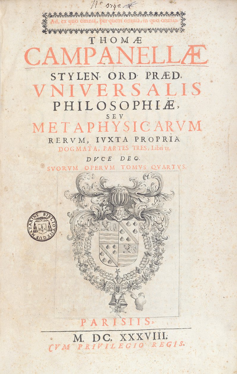 Frontispice to Universal Philosophy af Tommaso Campanella, udgivet i Paris, 1638 af French School