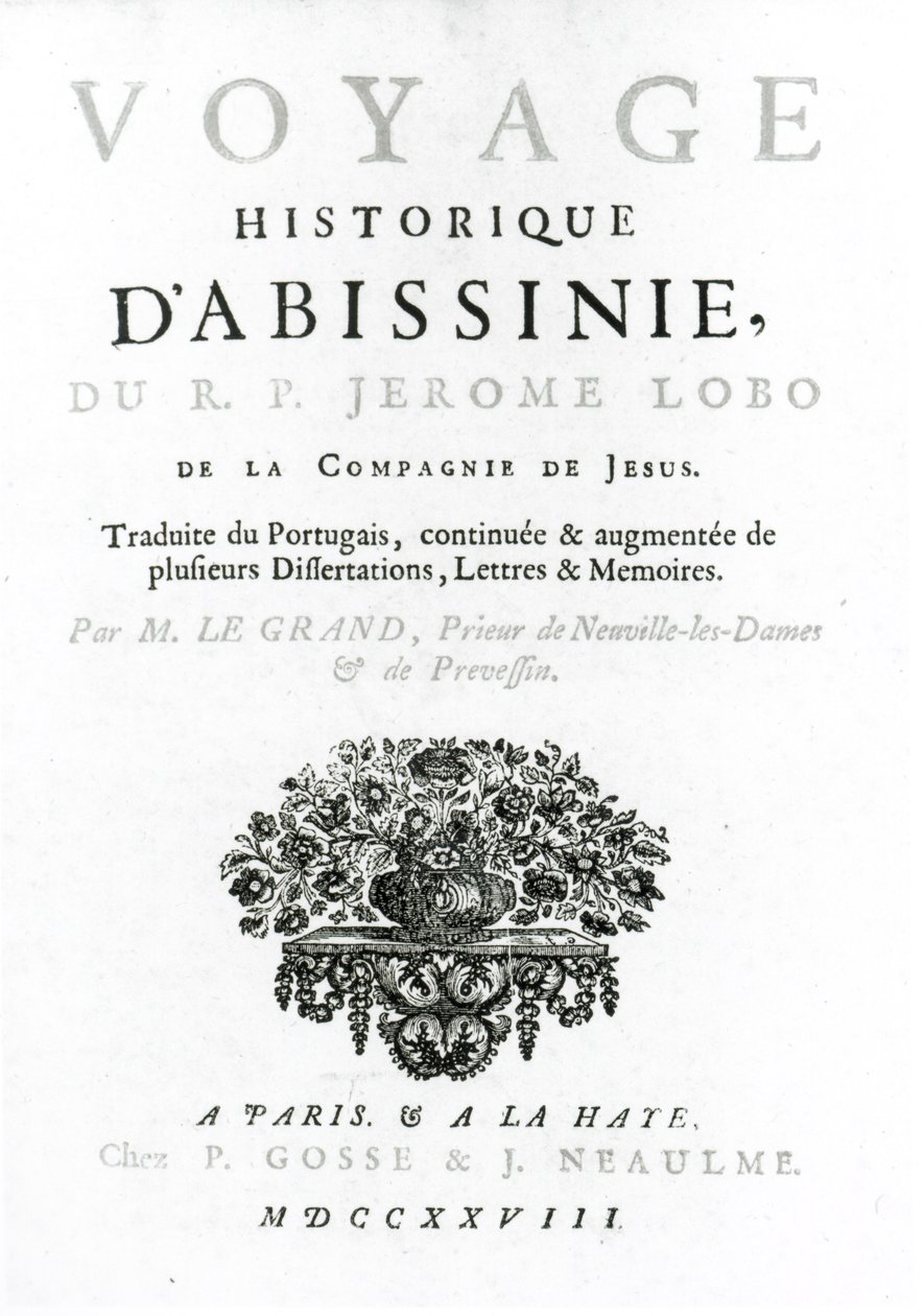 Frontispice til den franske oversættelse af Voyage to Abyssinia af Jeronimo Lobo (ca. 1596-1678) udgivet 1728 af French School