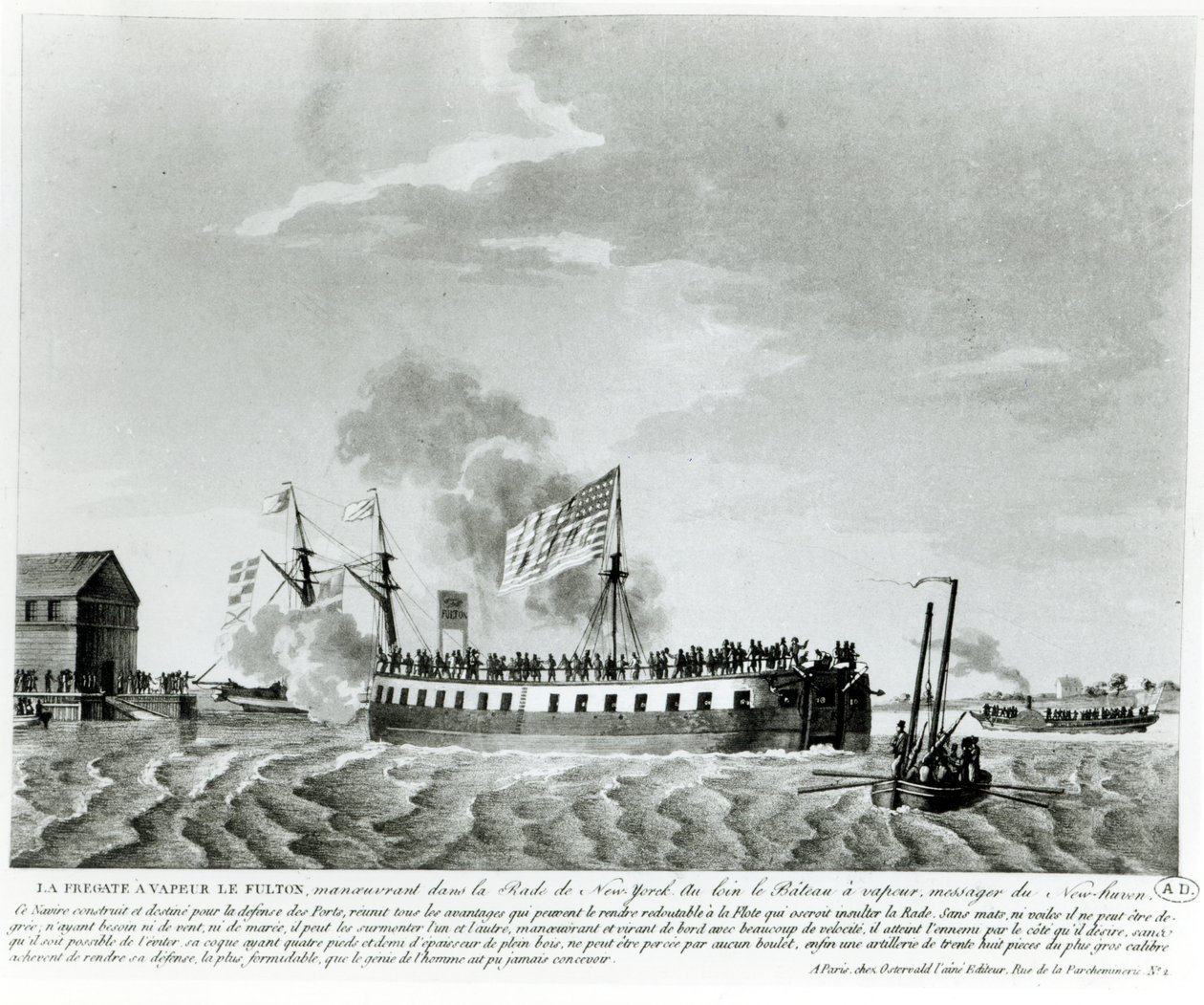 Fultons dampdrevet krigsskib, Fulton the First, designet og bygget af Robert Fulton til forsvaret af New York i krigen i 1812 (bw-foto af gravering fra begyndelsen af det 19. århundrede) af French School