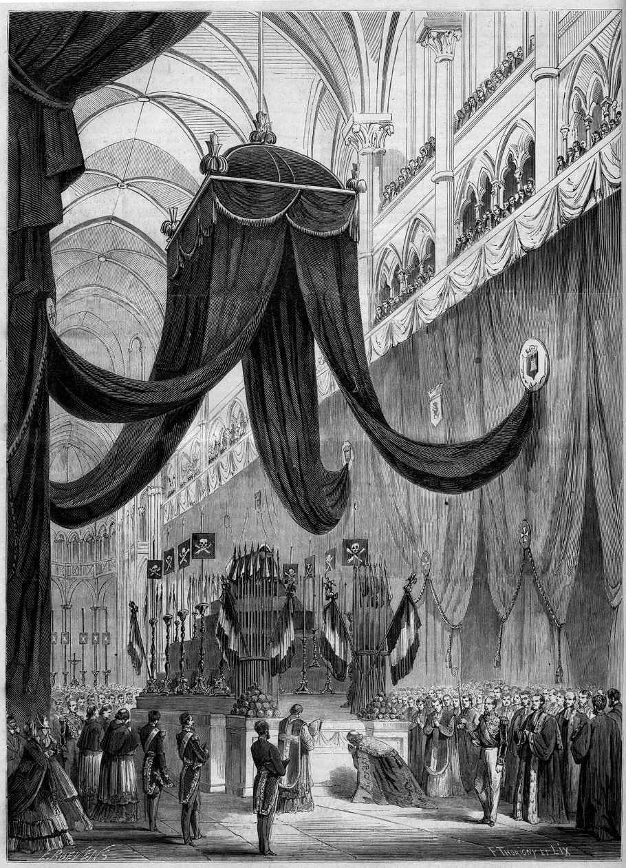 Begravelse af Esprit Victor Elisabeth Boniface de Castellane (1788-1862), fransk marechal: Catafalque af afdøde under den religiøse ceremoni celebree i katedralen i Lyon, Rhone (69) af French School