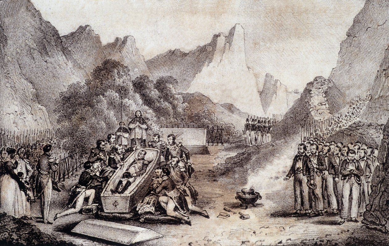 Begravelse af Napoleon I: opgravning af liget af Napoleon i St. Helena - tegning af Levilly, i "" Historisk maleri af Napoleons begravelse"" af M. St. Maurice, ca. 1851. af French School