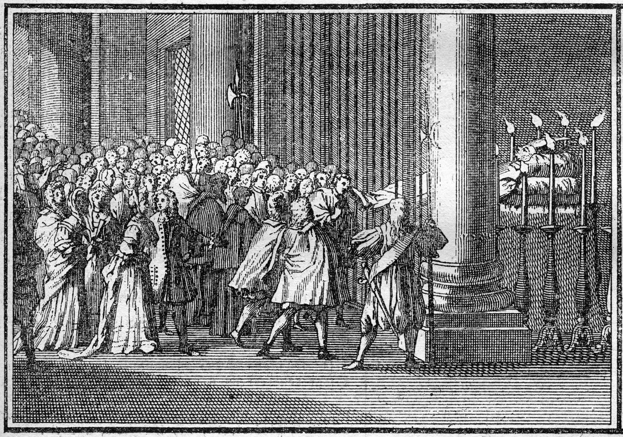 Begravelse af en pave i det 18. århundrede: Pavens krop udstiller tre dage i Peterskirken i Rom. Indgravering i "Histoire des religions"". af French School