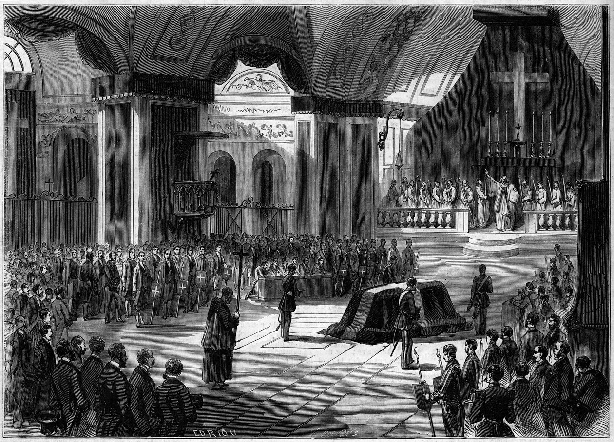 Begravelse af greven af Cavour, Torino, 7. juni 1861: Indvendig udsigt af kirken Madonna of the Angels under ceremonien. Indgravering i "" Le Monde Illustré"" nr. 219 af 22. juni 1861. af French School