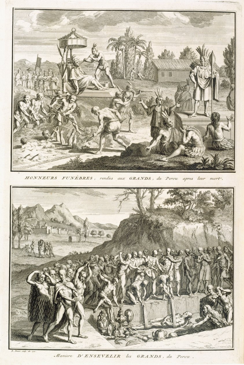 Begravelsesritualer og måden at begrave herrer efter deres død i Peru, illustration fra religiøse ceremonier og skikke, indgraveret af Bernard Picart (1673-1733) 1722 af French School