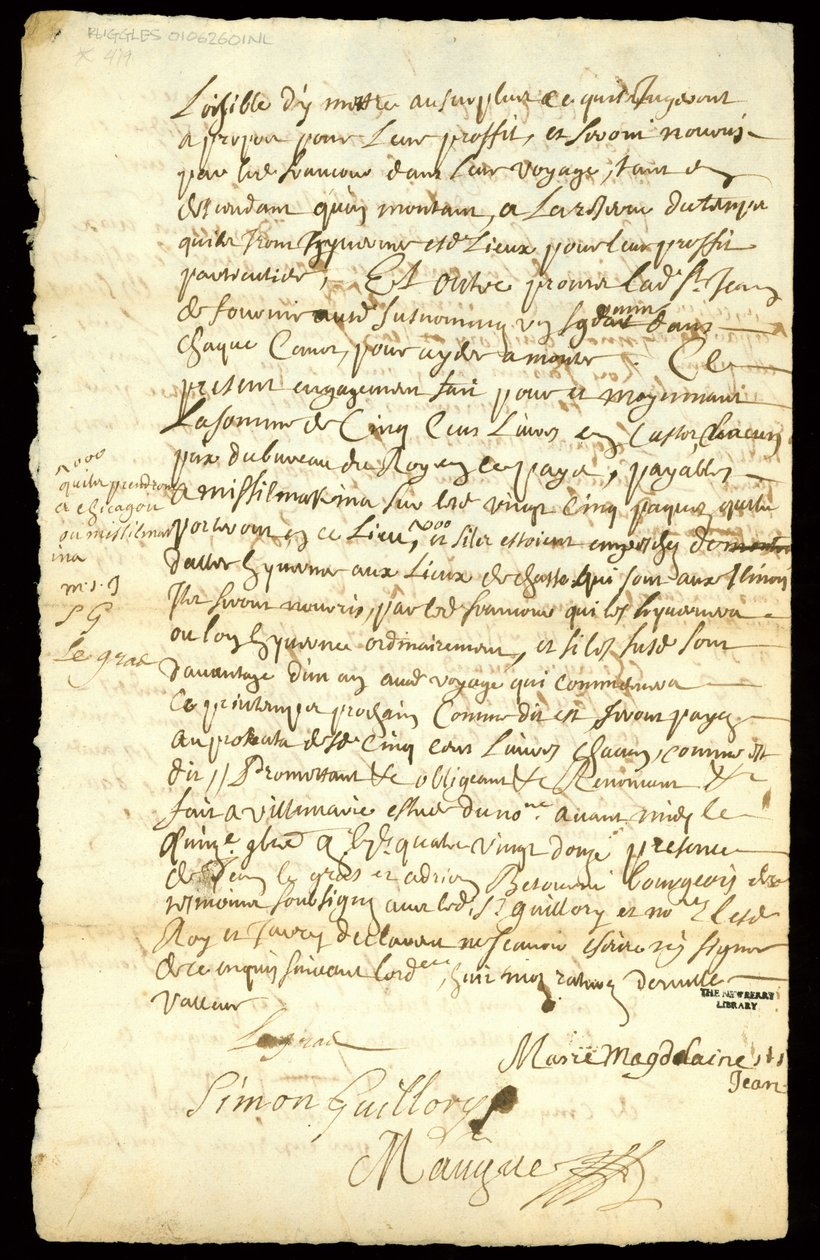 Pelshandelskontrakt mellem Francois Francoeur og fire voyageurs om transport af varer og køb af bæverpels i Michilimackinac og Chicago, 1692 (se også 332318) af French School