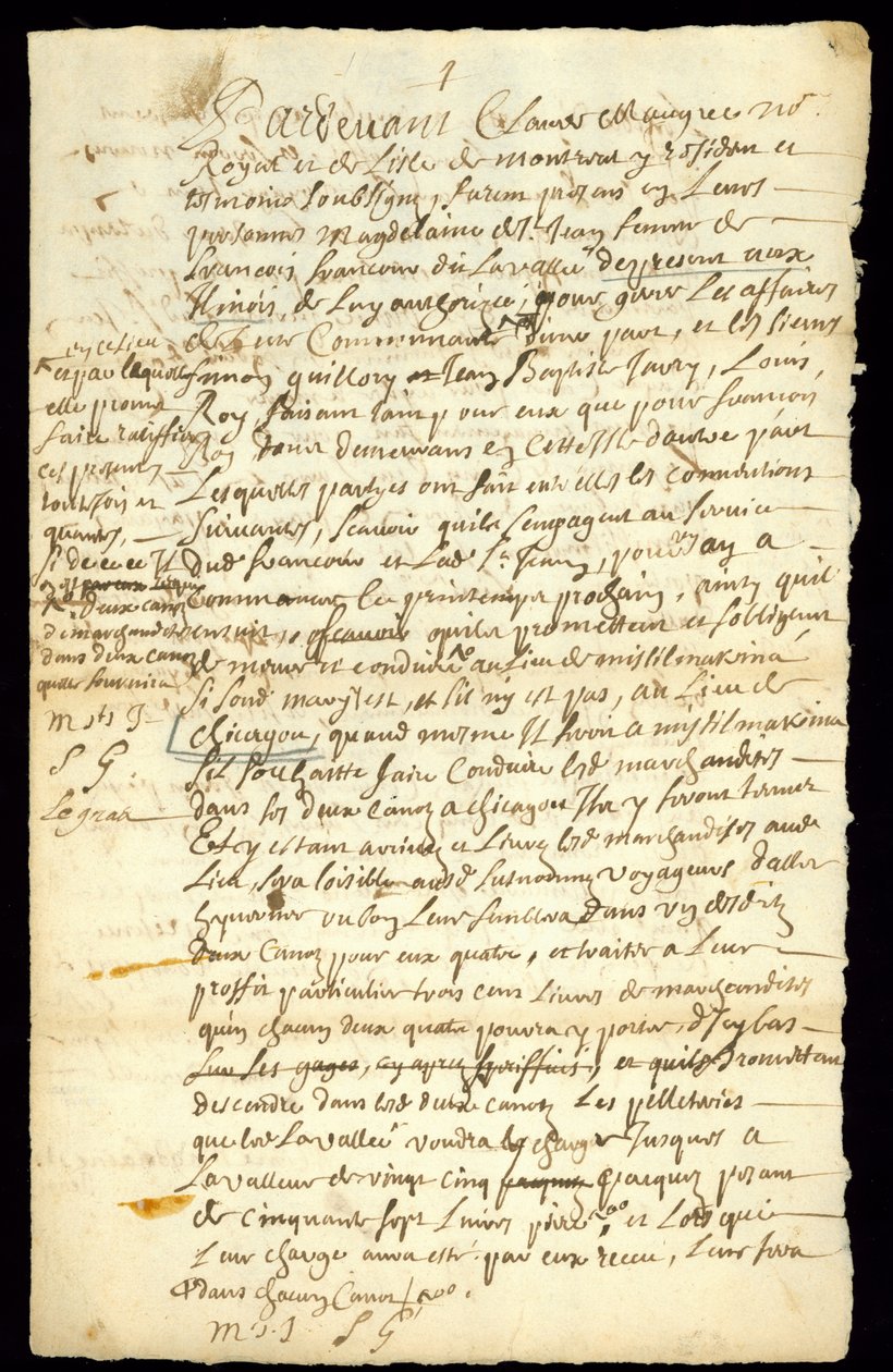 Pelshandelskontrakt mellem Francois Francoeur og fire voyageurs om transport af varer og køb af bæverpels i Michilimackinac og Chicago, 1692 (se også 332317) af French School