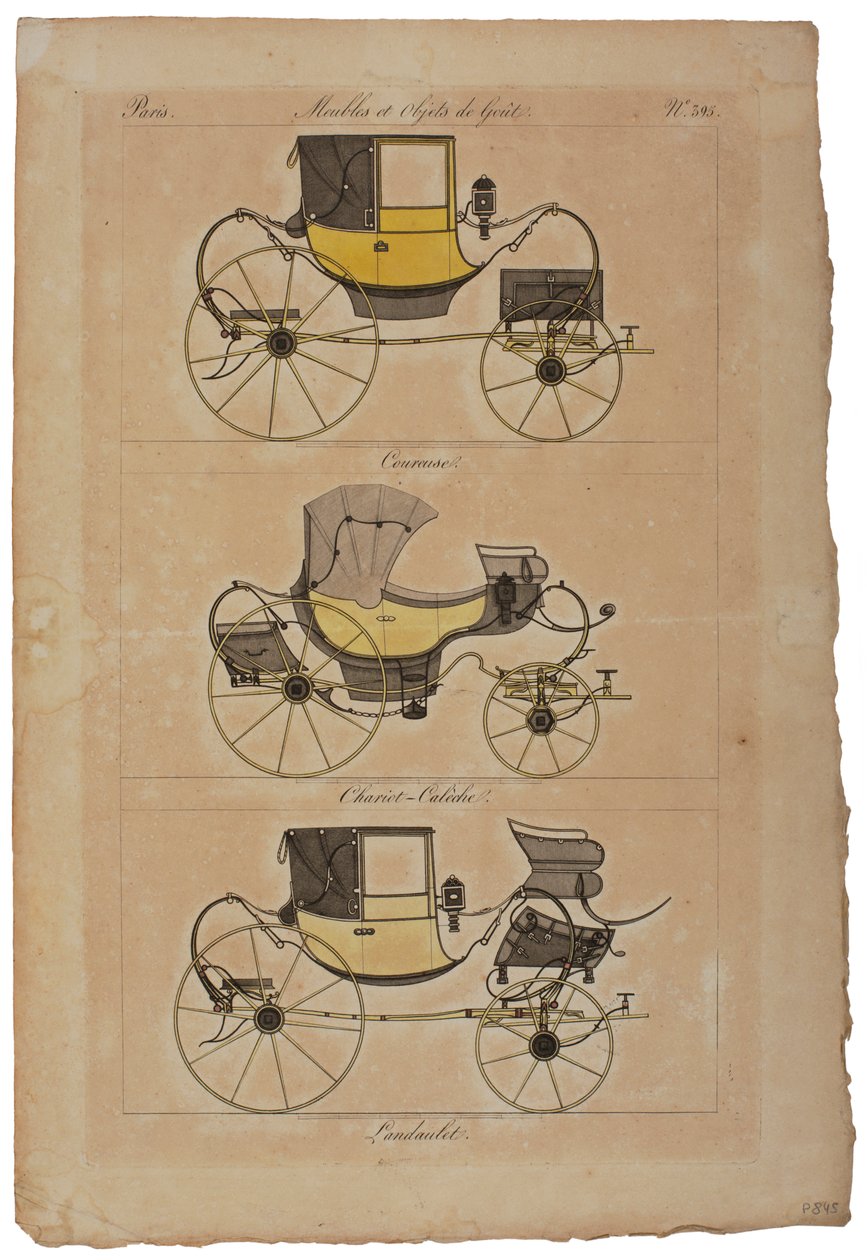 Møbler og smagsgenstande, nr. 32, Phaeton Simple (farvet gravering) af French School