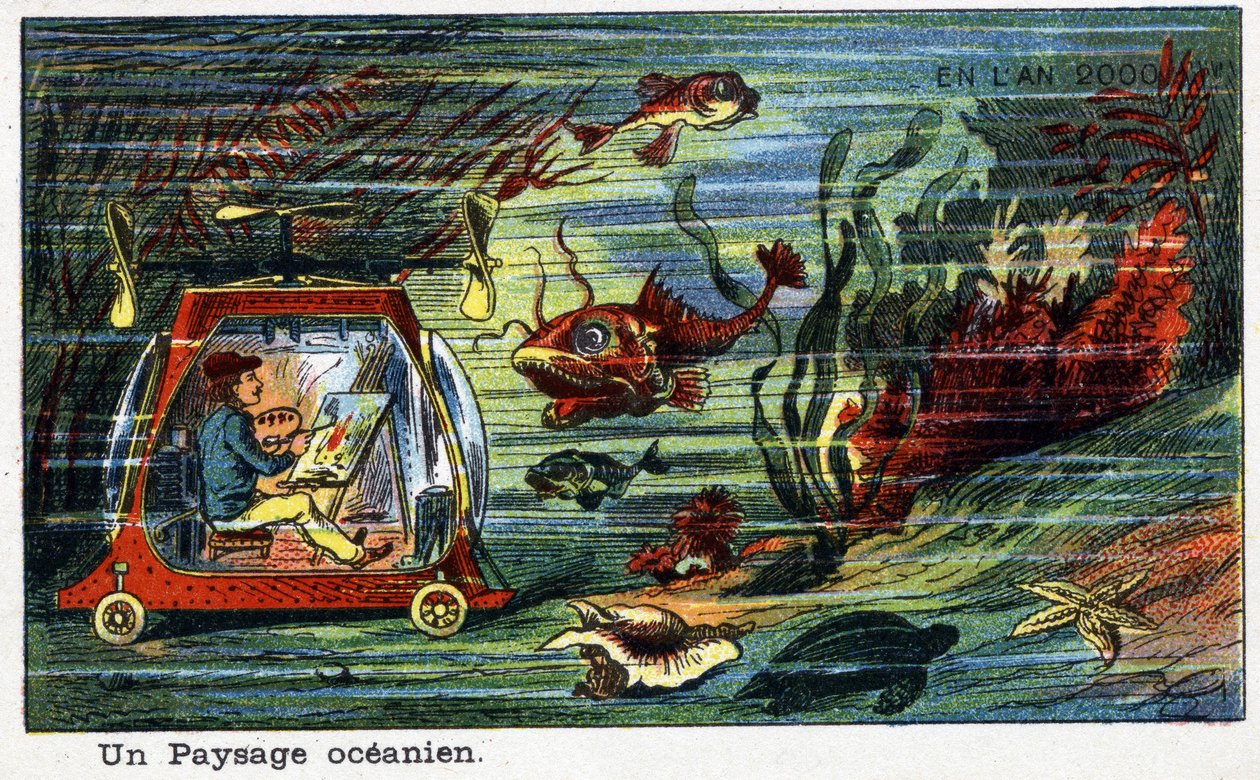 Futuredays: A Nineteenth Century Vision of the Year 2000 - Serie "" In the Year 2000"": An Ocean Landscape (en maler, der maler landskabet under havet i et lille undervandsfartøj). Kromolitografi af Villemard af French School