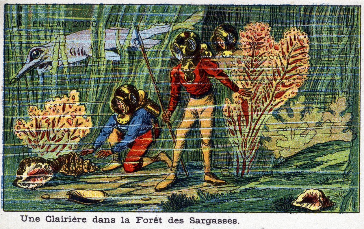 Futuredays: A Nineteenth Century Vision of the Year 2000 - Serie "" In 2000": En lysning i Sargasso-skoven (under havet). Kromolitografi af Villemard af French School