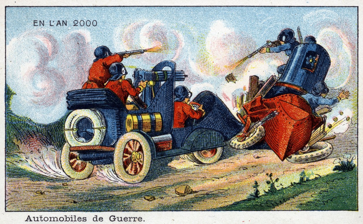 Futuredays: A Nineteenth Century Vision of the Year 2000 - Serie "" In the Year 2000": Automotive of War. Kromolitografi af Villemard af French School