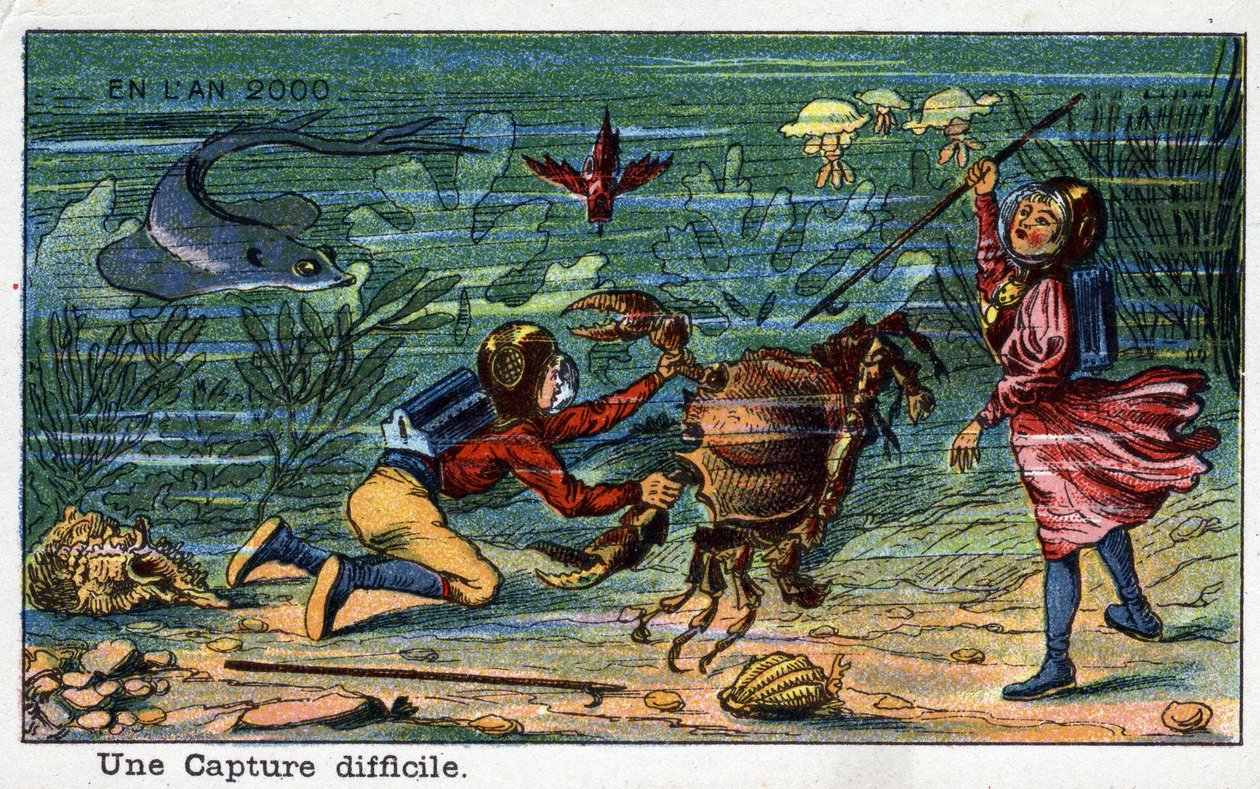 Futuredays: A Nineteenth Century Vision of the Year 2000 Series: A Difficult Capture (Under Sea). Kromolitografi af Villemard af French School