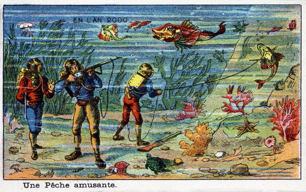 Futuredays: A Nineteenth Century Vision of the Year 2000 Series: A Fun Fishing (Under the Sea). Kromolitografi af Villemard af French School