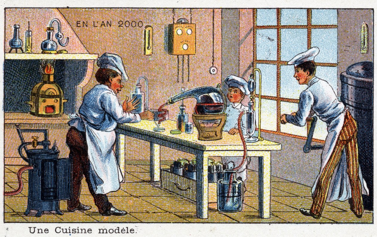 Futuredays: A Nineteenth Century Vision of the Year 2000-serien: Et køkkenmodel. Kromolitografi af Villemard af French School