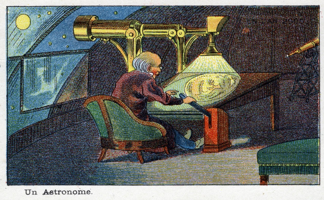 Futuredays: A Nineteenth Century Vision of the Year 2000-serien: En astronom (der arbejder med et bestemt teleskop). Kromolitografi af Villemard af French School