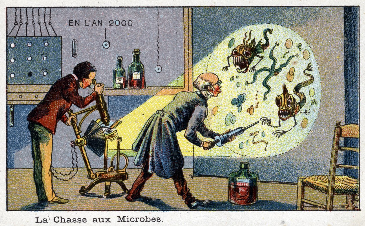 Futuredays: A Nineteenth Century Vision of the Year 2000-serien: The Hunting of Microbes (2 videnskabsmænd, der fjerner forstørrede mikrober ved hjælp af en maskine). Kromolitografi af Villemard af French School