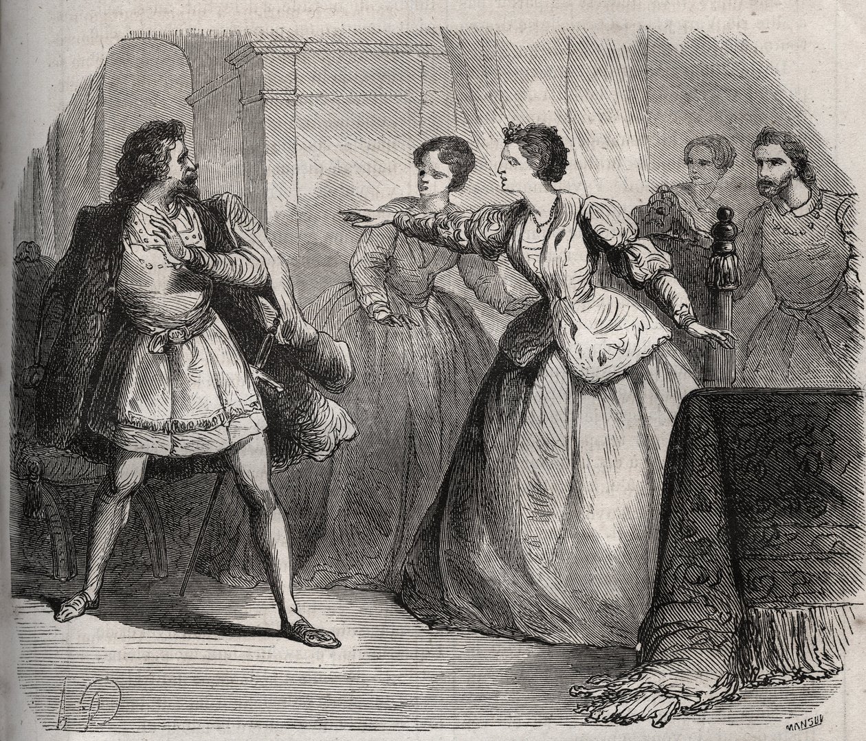Gabrielle de Vergy bestrider sin forlovede, Eudes de Fayel, som er jaloux på det venskab, hun har med sin fætter, Albert de Nozereau. Scene af en legende fra det 12. århundrede. Indgravering fra 1871 i "Histoire Des Cocus Celebres"" af Henry de Kock (1819- af French School