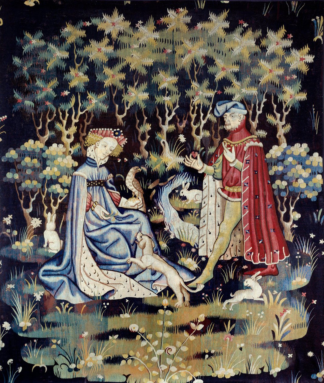Galante scene: "" hjertets offer"" Tapet af uld og silke fra et værksted i Arras - 1400-1410 Dim 2,4x2 m Paris, Musee du Louvre af French School