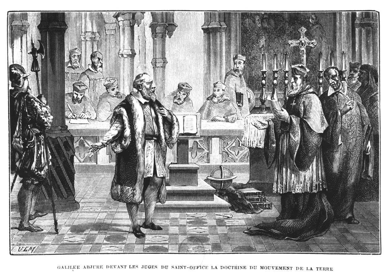 Galileo (1564-1642) trækker sin teori om jordens bevægelse tilbage for dommerne i det hellige embede af French School