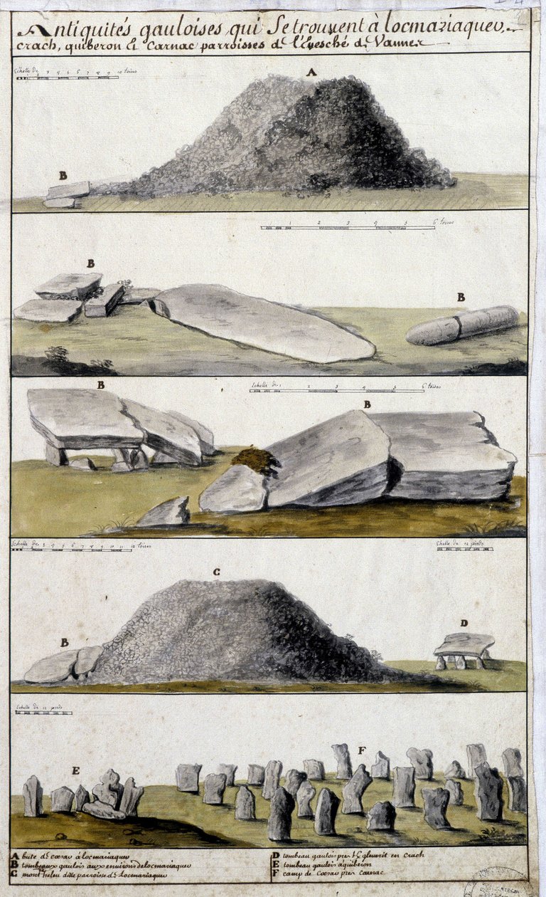 Galliske antikviteter beliggende i Locmariaquer, Crash, Quiberon og Carnac, sognene i Eveche de Vanne - i "" Historisk, topografisk og naturlig beskrivelse af Bretagne"" af Robien af French School