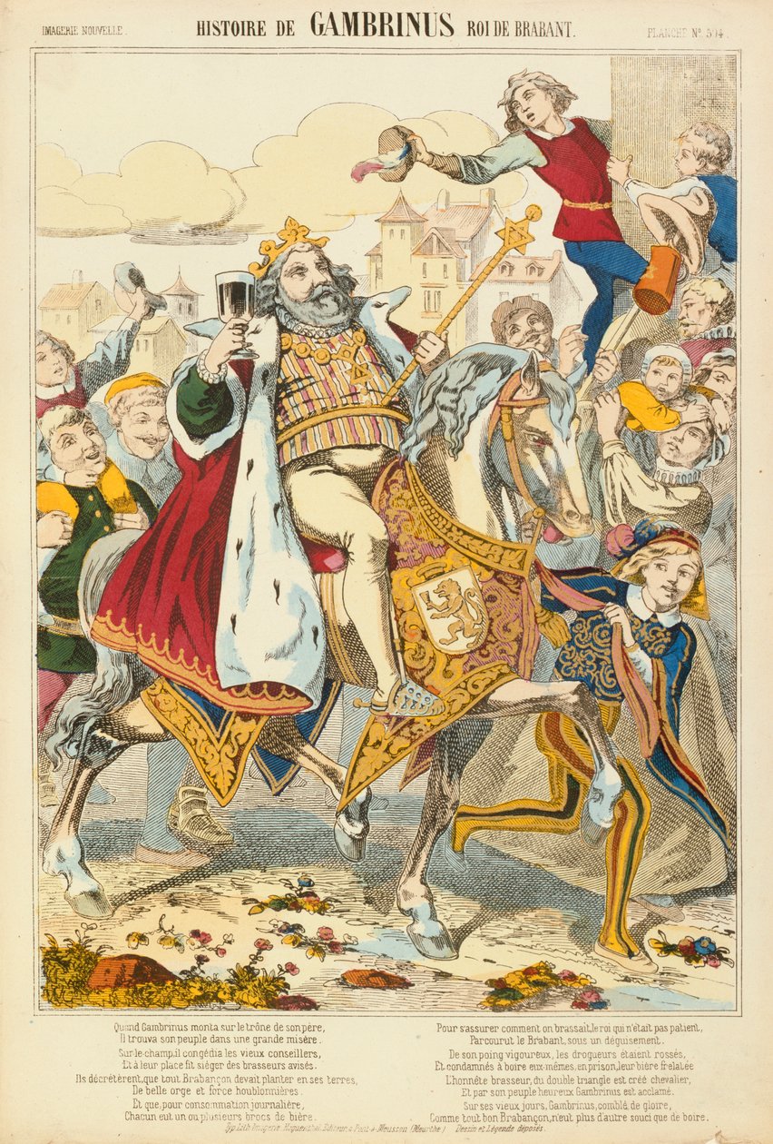 Gambriunus, legendarisk konge af Flandern, broadsheet udgivet af Verlag Haguenthal, Pont-a-Mousson, 1860 af French School
