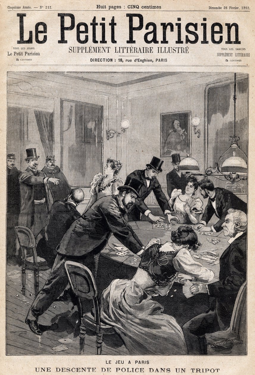 Spillehus i Paris: Politirazzia i en spilleklub (kasino). En af avisen "Le Petit Parisien"" den 26/02/1893 (gravering) af French School