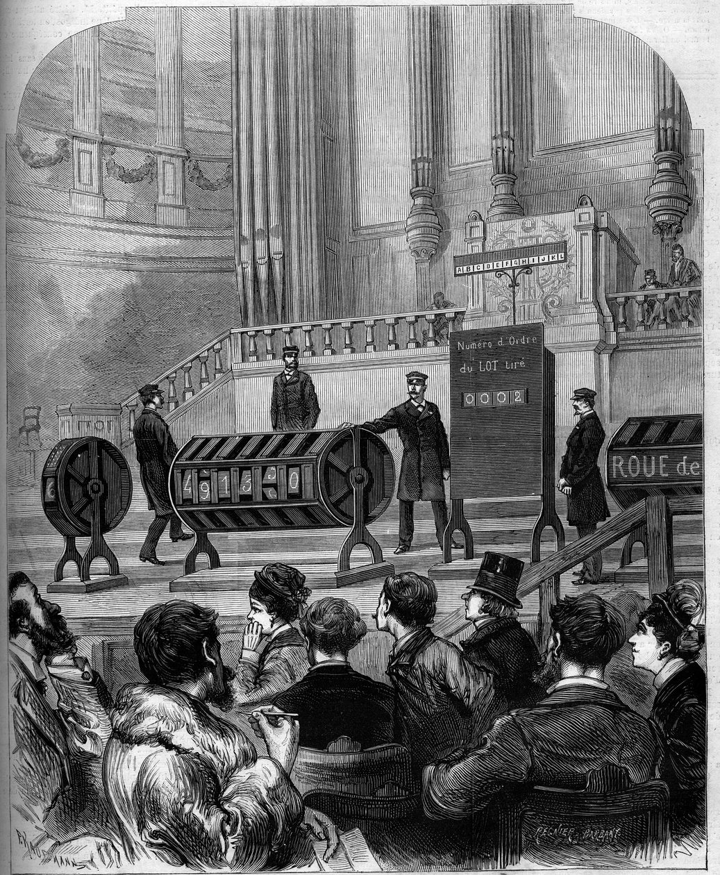 Tilfældighedsspil: lodtrækning af det nationale lotteri i Trocadero festlighedssalen den 6. januar 1879 i Paris. Indgravering i "" Le Monde Illustré"" nr. 1140 af 1. februar 1879. af French School