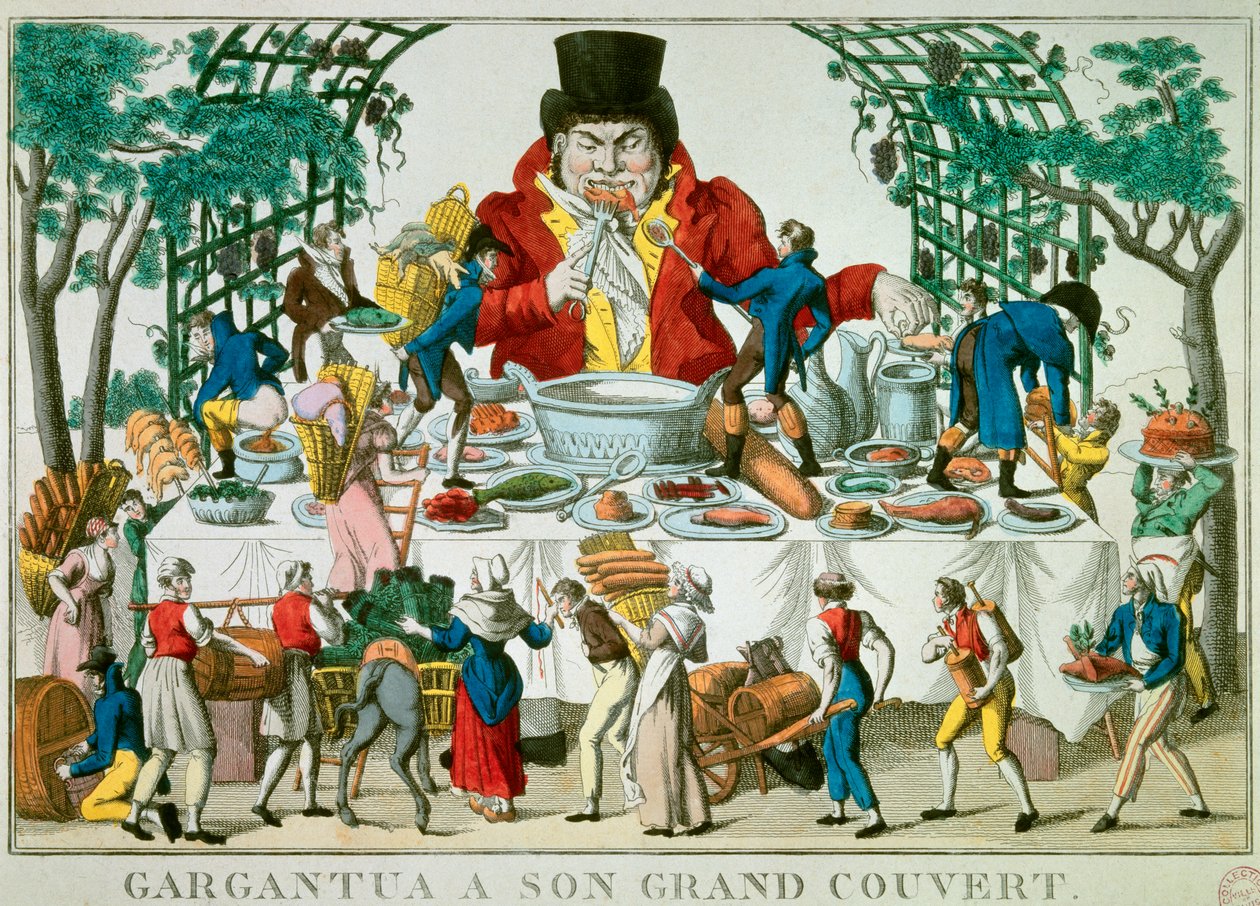 Gargantua karakter af romanerne af Francois Rabelais (1494-1553), fransk forfatter. Gargantua har en stor baldakin og har alle slags retter. Tryk af det 19. århundredes Paris, Musee Carnavalet af French School