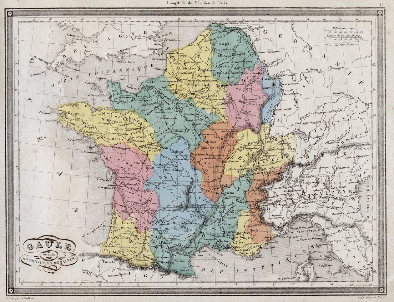 Gallien opdelt i romerske provinser - Plade udvundet fra "" Universal Atlas for oldtidens og moderne geografi til beboelsesskoler"" af Vuillemin - ca. 1845 af French School