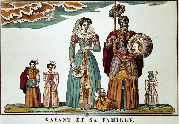 Gayant og hans familie, Imagerie de Lille (farve litho) af French School