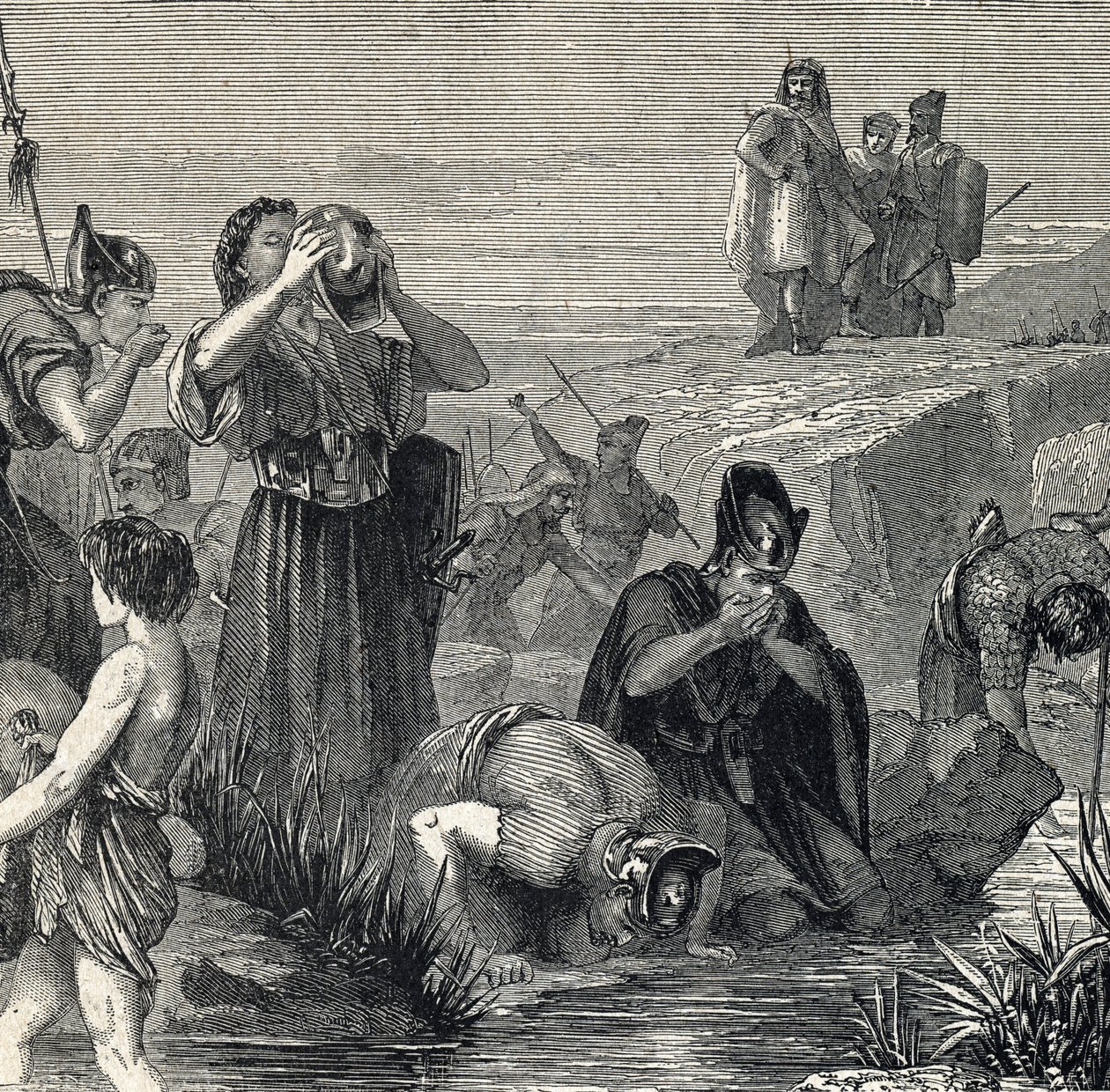 Gedeon (Gideon) kalder af Gud for at besejre madianitterne, og vælger sine soldater blandt dem, der drikker, mens de bærer vand til deres mund (Gideon eller Gedeon vælger sine soldater og holder kun dem, der løftede vandet til munden, og mens de gør det, d af French School