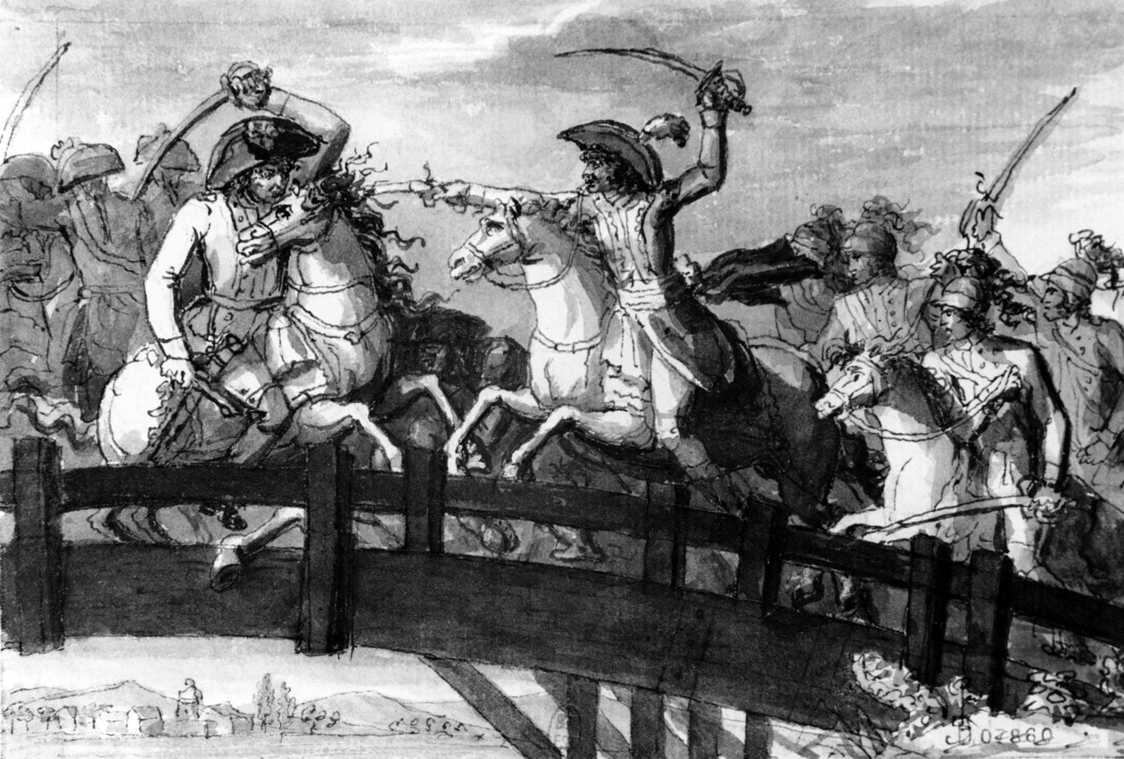 General Alexandre Dumas, Horatius Cocles i Tyrol. dræbte på egen hånd tre østrigske modstandere på Clausen-broen i 1797, ca. 1797 (gouache) af French School