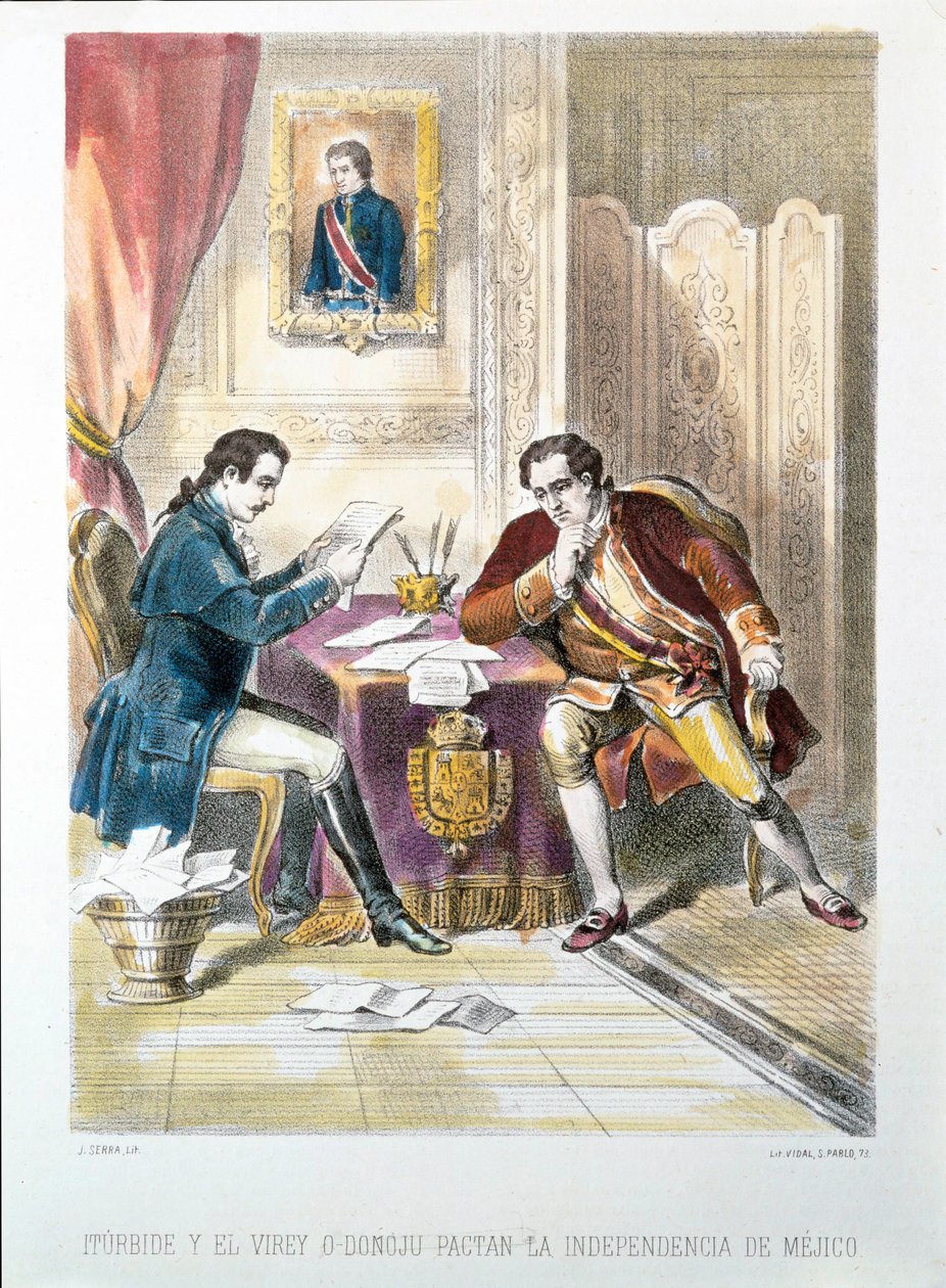 General Augustin de Iturbide, senere kortvarigt kejser Augustin I af Mexico, underskriver Mexicos uafhængighed med O