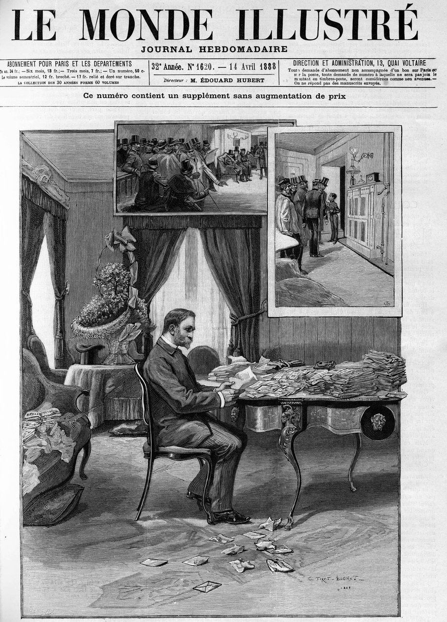 General Georges Boulanger (1837-1891) på Hotel du Louvre fortsætter med undersøgelsen af korrespondancen i "Le Monde illustrious" i 1888. af French School