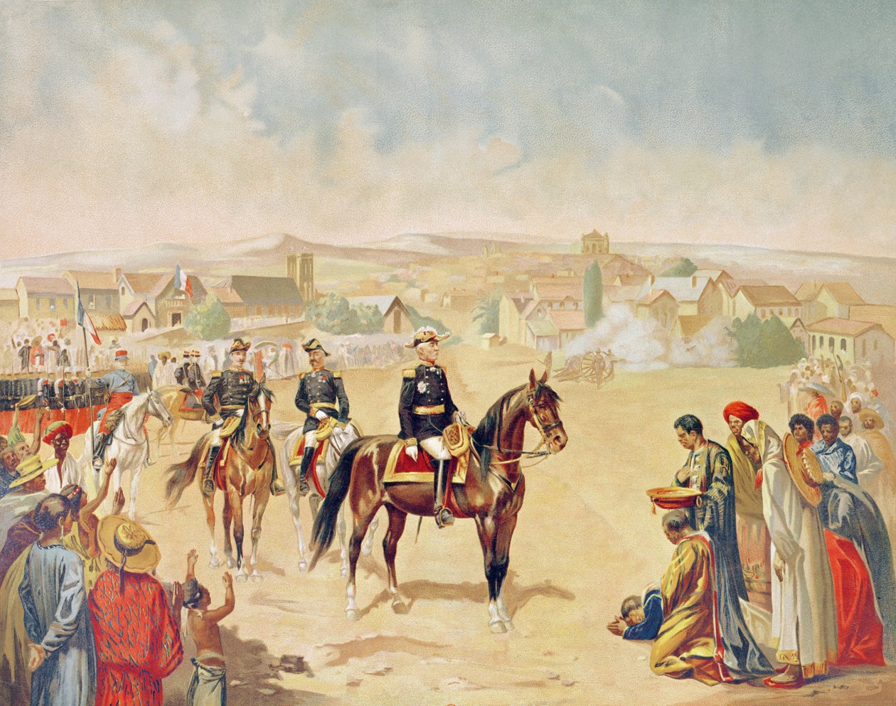 General Jacques Achille Duchesne (1837-1918) på vej ind i Tananarive, Madagaskar, 1. oktober 1895 (farvegravering) af French School