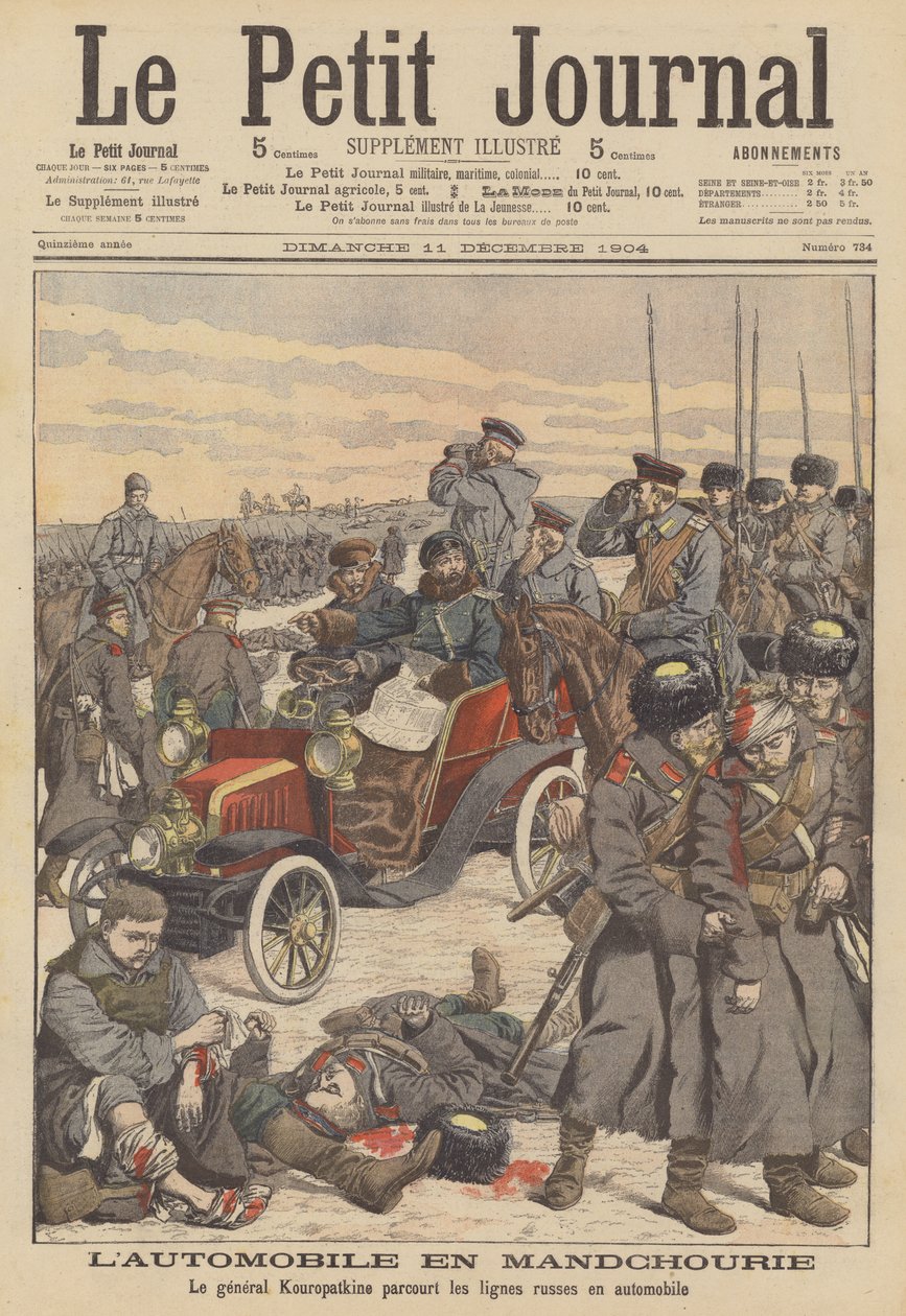 General Kuropatkin bruger en bil til at besøge de russiske linjer i Manchuriet under den russisk-japanske krig (farvelitografi) af French School