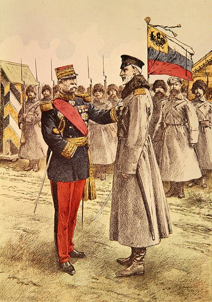 General Pau overrækker en fransk udmærkelse til den russiske øverstkommanderende, storhertug Nikolaus af French School